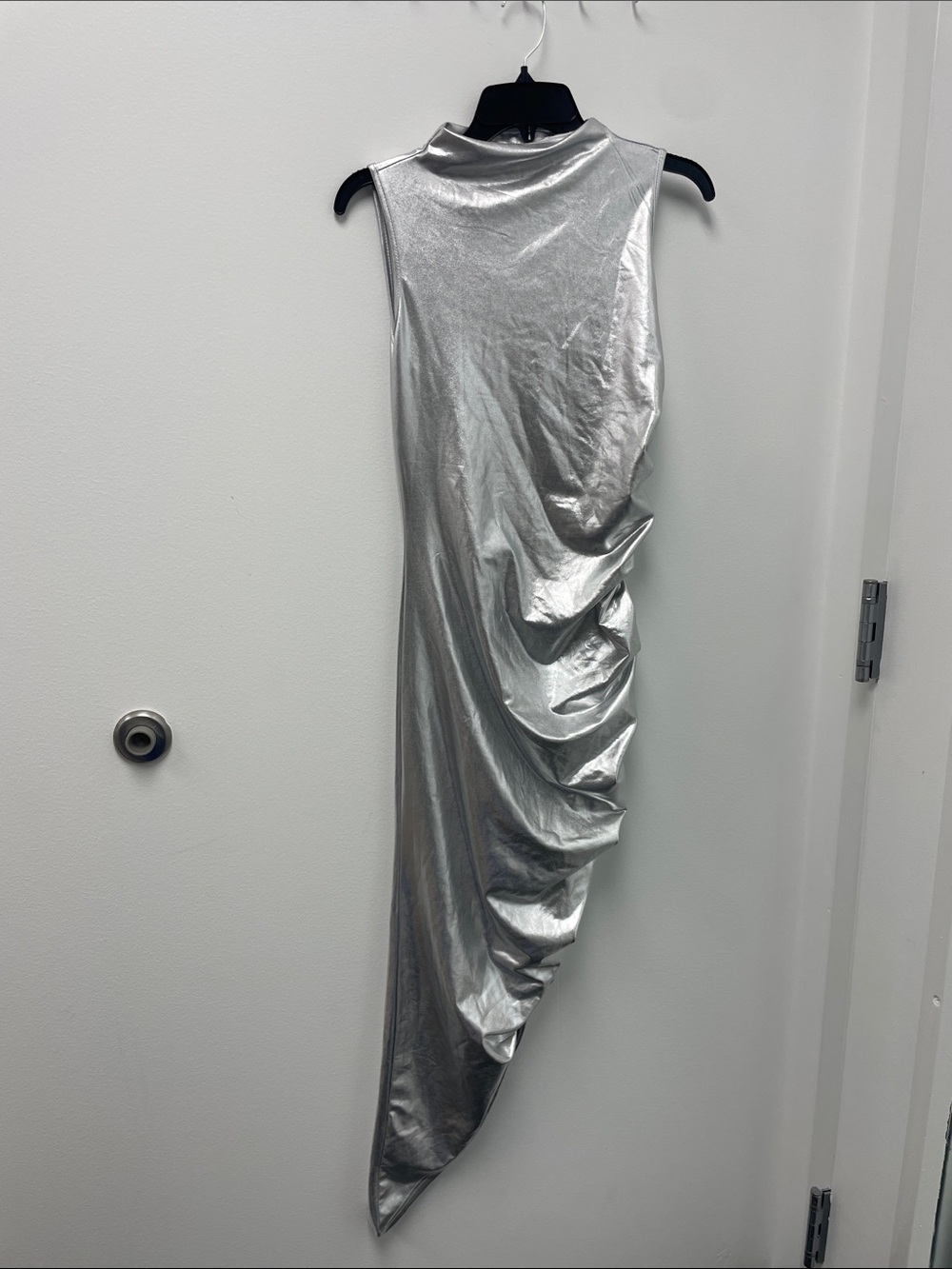 Sleeveless Asymmetric Draped Dress in Metallic Silver